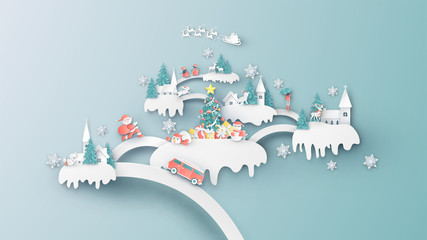 Holidays, travel to various places in the Christmas season. Happy Village in Christmas. Creative design for Christmas festive. paper cut and craft design. vector, illustration.