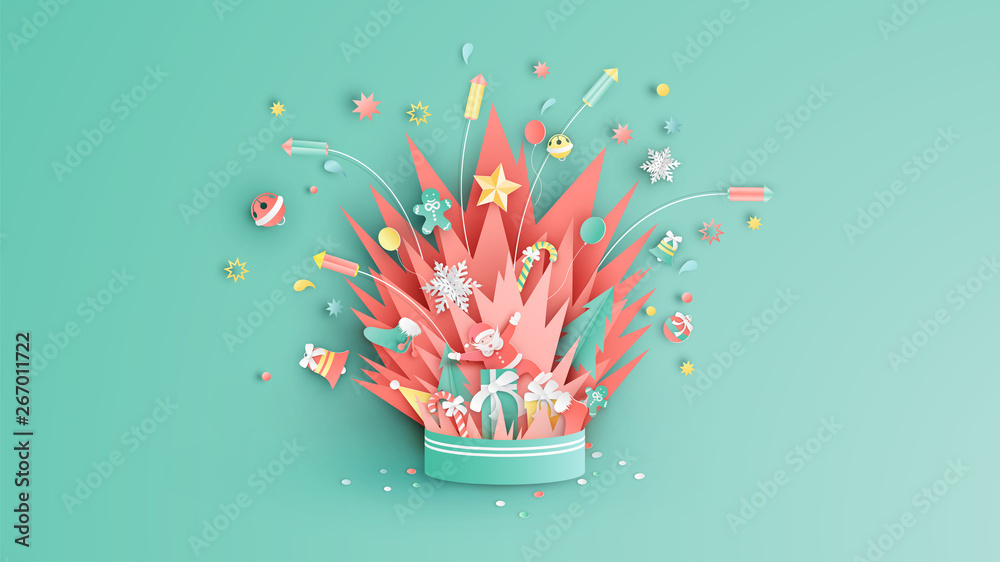 Compositions of Christmas float up from firework box. Graphic design ...