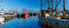 Landscape Panoramic View Of Commercial Phishing Boats Harbor, Repair Shop