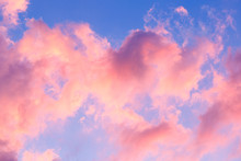Blue Sky Clouds, Background Of Purple Sunset Sky. 