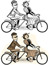 A Couple Goes For A Ride On An Old Fashioned Tandem Bicycle. 
