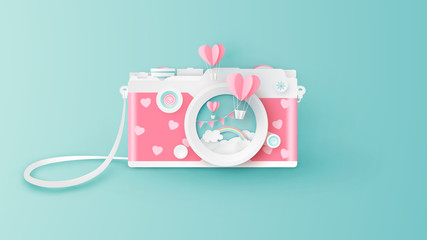 Compact camera design for Valentine's day with heart shape hot air balloons float out of the lens. Abstract of compact camera for Valentine's day. paper cut and craft style. vector, illustration.