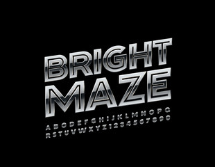 Wall Mural - Vector Bright Maze Metallic Font. Uppercase Silver Alphabet Letters and Numbers 