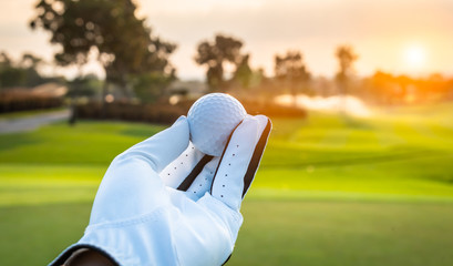 Wall Mural - Close up golf ball in golf glove hand with green grass and sunlight ray.