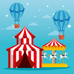 Poster - carnival circus with air balloons and marry go round