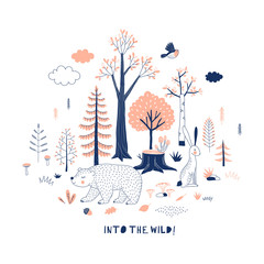 Autumn Forest themed vector illustration. Woody landscape scene with cute bear graphics. Woodland childish print in Scandinavian decorative style. Cute forest tree plant bird animal poster. Into the