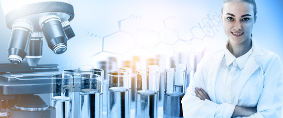 Poster - Research and development concept. Double exposure image of scientific and medical lab instrument, microscope, test tube and glass flask for microbiology and chemistry in laboratory for medicine study.