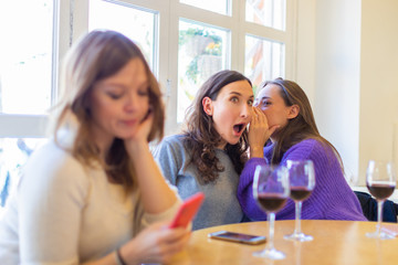 Two malicious girls gossiping while their friend is disappointed looking to the phone - group of friends (women) sitting at the table with glasses of wine, female friendship and discrimination concept