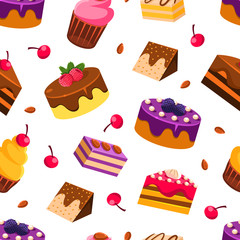 Canvas Print - Delicious Desserts Seamless Pattern with Tasty Sweets, Design Element Can Be Used for Fabric, Wallpaper, Packaging Vector Illustration