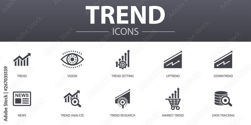 trend simple concept icons set. Contains such icons as trend setting, uptrend, downtrend, news and more, can be used for web, logo, UI/UX - obrazy, fototapety, plakaty 