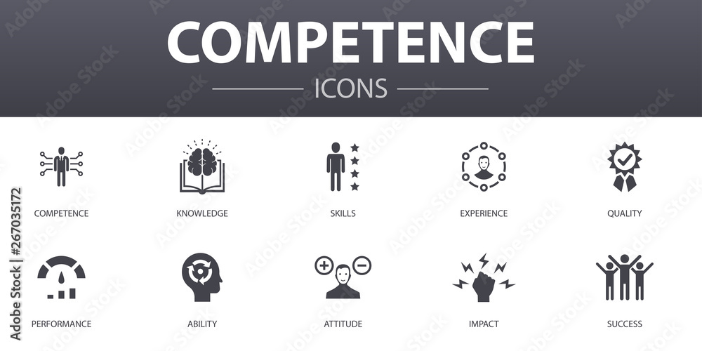 competence simple concept icons set. Contains such icons as knowledge, skills, performance, ability and more, can be used for web, logo, UI/UX - obrazy, fototapety, plakaty 
