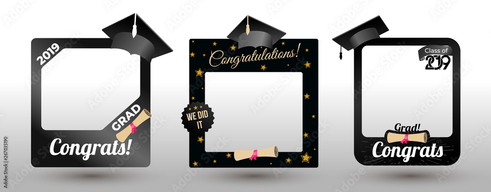 Set of graduation party photo booth props. Concept for selfie. Frame with cap for grads. Photobooth vector element. Congradulation grad quote. Vector illustration. Isolated on white background. - obrazy, fototapety, plakaty 