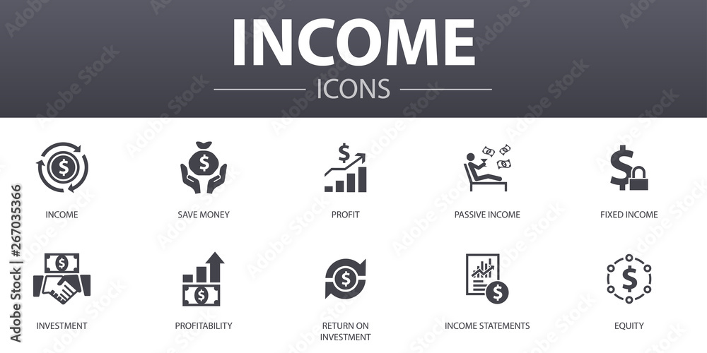 Income simple concept icons set. Contains such icons as save money, profit, investment, profitability and more, can be used for web, logo, UI/UX - obrazy, fototapety, plakaty 