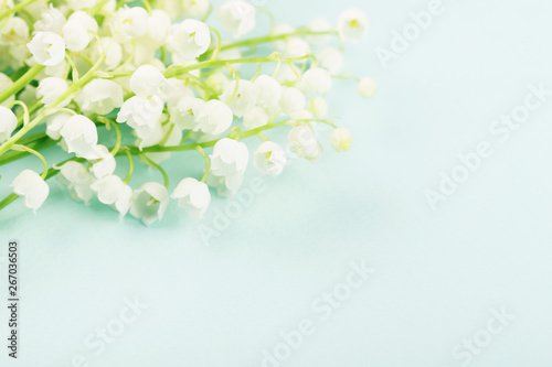 Lily of the valley on tender blue background. Beautiful greeting card with sp...