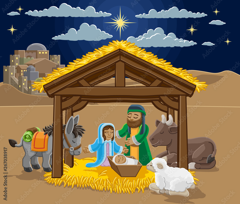 A Christmas nativity scene cartoon, with baby Jesus, Mary and Joseph in the  manger and donkey and other animals. The City of Bethlehem and star above.  Christian religious illustration. Stock Vector |, image size:1000x847