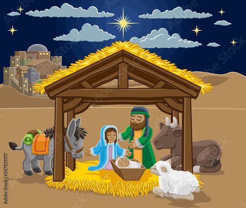 A Christmas Nativity Scene Cartoon With Baby Jesus Mary And Joseph In The Manger And Donkey And Other Animals The City Of Bethlehem And Star Above Christian Religious Illustration Buy This