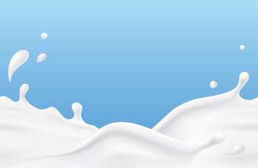 Wall Mural - milk splash seamless pattern. 3d realistic yogurt wave border on blue background. vector milky packa