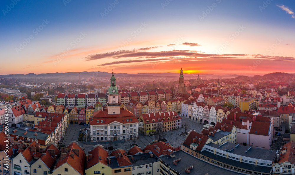 Sunset over Jelenia Góra aerial view - obrazy, fototapety, plakaty 