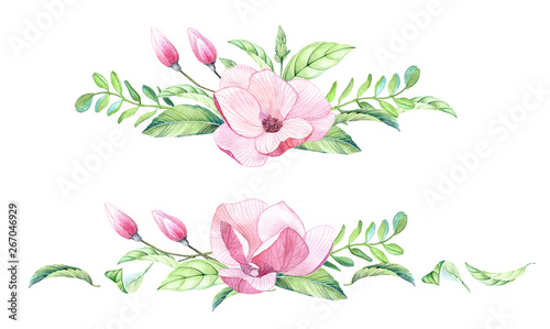 Download Watercolor Floral Arrangement Of Big Magnolia Flowers Buds Tropical Leaves Colorful Pink Green Color Exotic Wedding Occasion Design Ornament Border Stock Illustration Adobe Stock