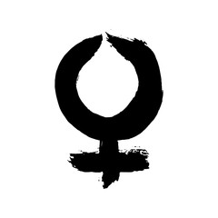Hand drawn ink brush female sex sign. Women black symbol on white background. Woman sexual graphic concept element - circle with cross. Vector grunge illustration