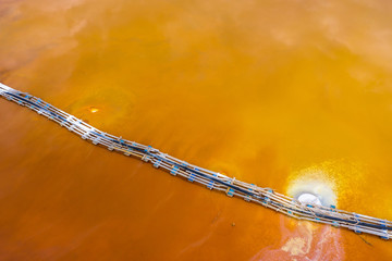 Aerial view of red copper mine water