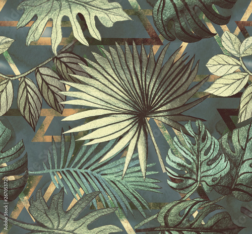 Naklejka - mata magnetyczna na lodówkę Seamless pattern with tropical leaves and geometric shapes. Tropical background.