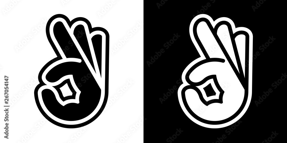 Stylized vector illustrations of human hand with OK sign; icons, isolated on white and black backgrounds. - obrazy, fototapety, plakaty 