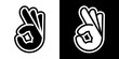 Stylized vector illustrations of human hand with OK sign; icons, isolated on white and black backgrounds.
