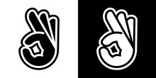 Stylized Vector Illustrations Of Human Hand With OK Sign; Icons, Isolated On White And Black Backgrounds.