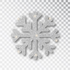Wall Mural - silver snowflake isolated on a transparent background. christmas decoration, covered bright glitter.