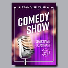 Colorful Poster Of Comedy Show In Club Vector. Vintage Metal Microphone Purple Curtain On Background Banner With Date, Ticket Price And Place Of Show Information. Realistic 3d Illustration