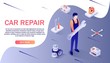 Banner for Car Repair Service and Spare Parts Online Store. Vector Isometric3d Illustration with Place for Advertising Text, Skilled Master Holding Huge Wrench in Hand and Tools, Equipment around.