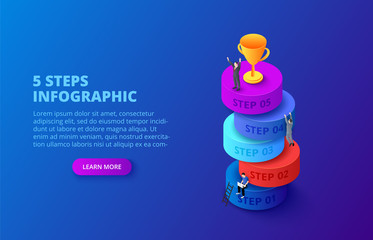 Aufkleber - Vector isometric cylinders with people and gold cup for start up infographic on a dark blue background. Growth concept with 5 steps, options, parts or processes.