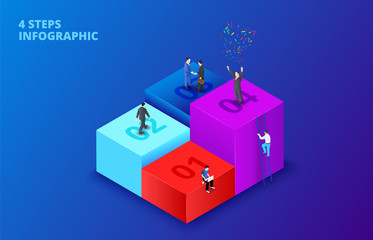 Aufkleber - Vector isometric cubes with people infographic on a dark blue background. Growth concept with 4 steps, options, parts or processes. The man climbs the ladder.
