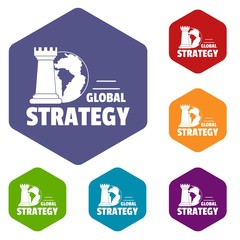Poster - Global strategy icons vector colorful hexahedron set collection isolated on white 