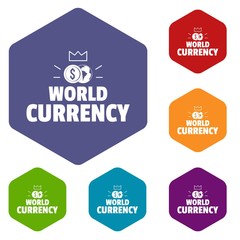 Poster - World currency icons vector colorful hexahedron set collection isolated on white 