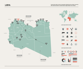  Vector map of Libya. High detailed country map with division, cities and capital Tripoli. Political map,  world map, infographic elements.