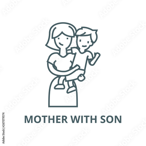 Mother With Son Mum With Kid Vector Line Icon Outline Concept
