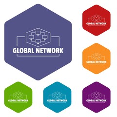 Wall Mural - Global network icons vector colorful hexahedron set collection isolated on white 