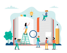 Reading, Small People Characters Doing Various Tasks Around Big Book. Concept Illustration For Education, Books, University, Student, Research. Vector Illustration In Flat Style