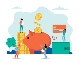 Leinwandbilder - Piggy bank - investment, savings, income, money management. Small people characters doing various tasks. Concept vector illustration in flat style