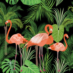 Wall Mural - Tropical plant seamless pattern, pink flamingo and tropical leaves of palm tree.