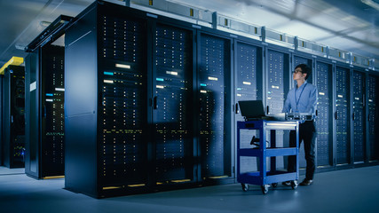 Leinwandbilder - In the Modern Data Center: IT Engineer Doing Maintenance and Diagnostics. Pushes Cart alongside Server Racks, Ready to Install New Hardware for Planned System Update, Equipment Replacement.