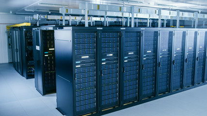 Aufkleber - Shot of Data Center With Multiple Rows of Fully Operational Server Racks. Modern Telecommunications, Cloud Computing, Artificial Intelligence, Database, Supercomputer Technology Concept.