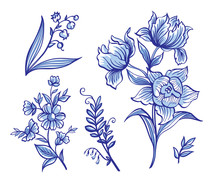 A Set Of Decorative Flowers In The Dutch Style. Painted Delft, Gzhel, China.