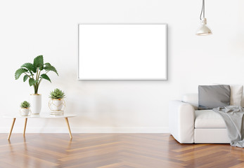 Aufkleber - Frame hanging in bright white living room with plants and decorations mockup 3D rendering