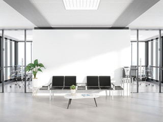 Aufkleber - Blank white wall in concrete waiting room with large windows Mockup 3D rendering