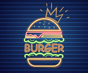 Wall Mural - Neon king burger Vector poster. Glowing sign fastfood light billboard symbol. Cafe menu items