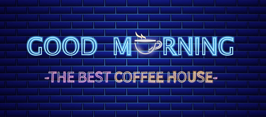 Wall Mural - Coffee house neon sign Vector. Morning positive billboard. Glowing coffee cup symbol dark background. Cafe menu templates