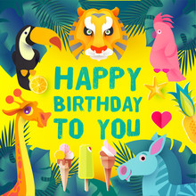 Children Birthday Design Template. Exotic Jungle Animals. Papercraft.